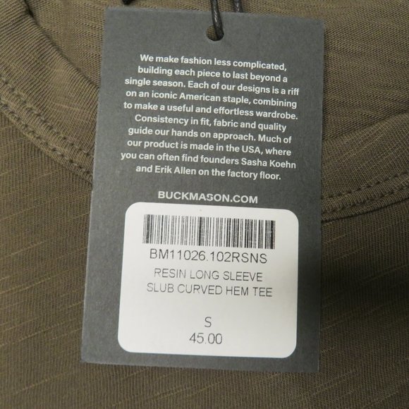 Buck Mason Mens Resin Slub T-Shirt Curved Hem L/S - Picture 8 of 10